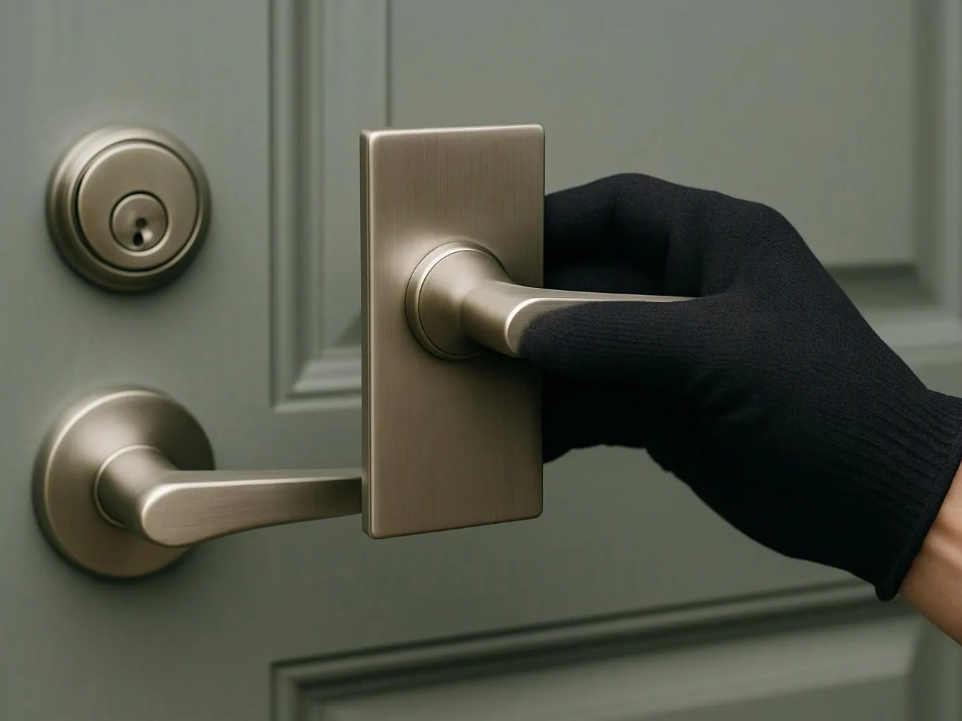 A gloved hand grips a brushed metal door handle on a gray front door