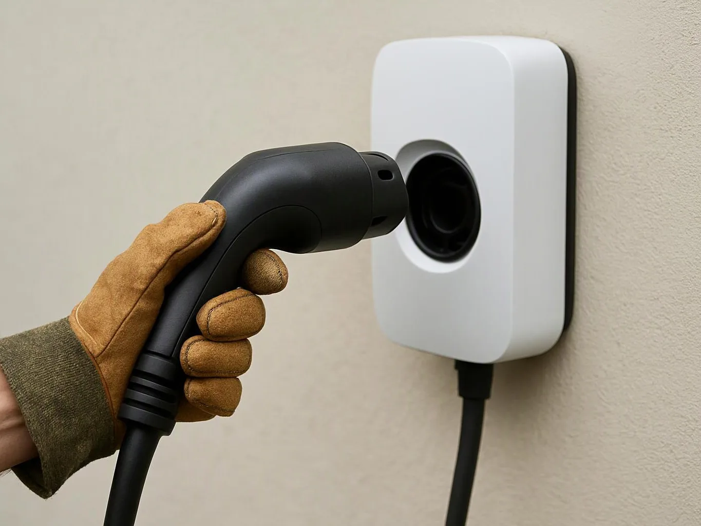 A gloved hand holds a black charging plug near a white wall-mounted charging unit