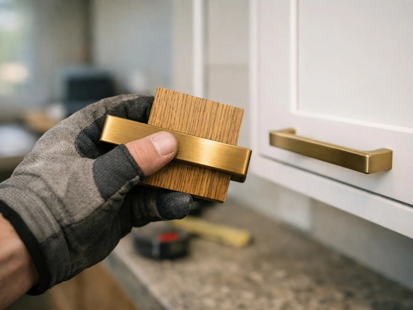 A gloved hand holds a brass cabinet handle against a wood sample beside a white drawer front