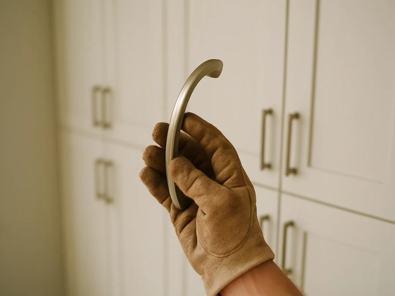 A gloved hand holds a curved metal handle in front of white cabinet doors
