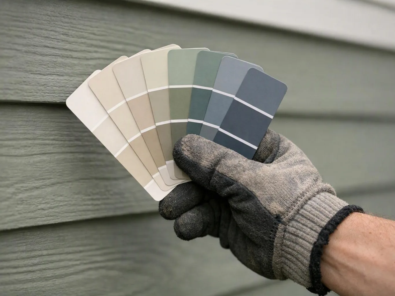 A gloved hand holds fan-shaped paint color samples against green siding