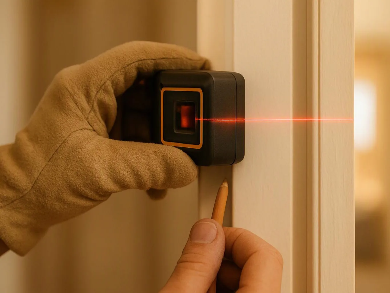 A gloved hand holds a laser level on a door frame while another hand marks the wood with a pencil