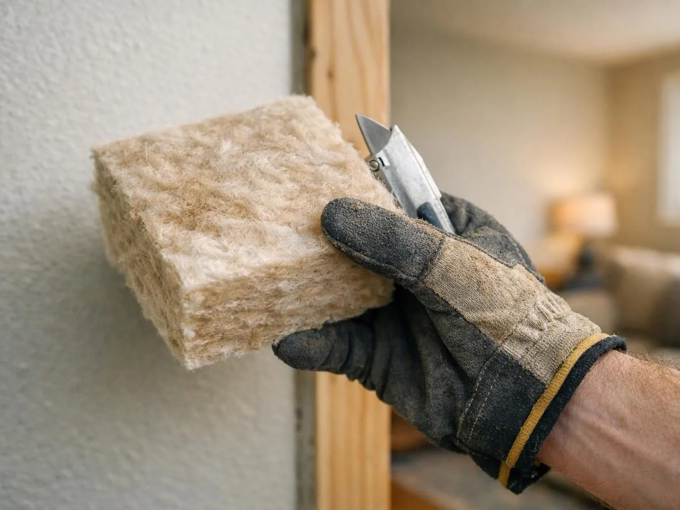 Gloved hand holds a piece of insulation against a wall beside a utility knife in a room