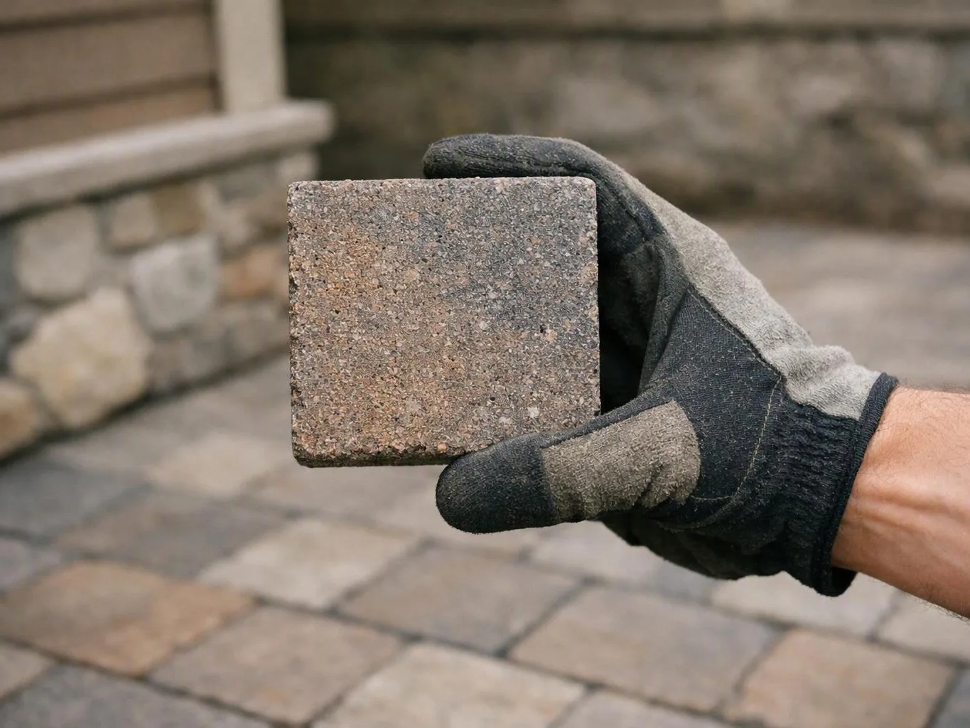 A gloved hand holds a square stone paver over a patio of matching blocks