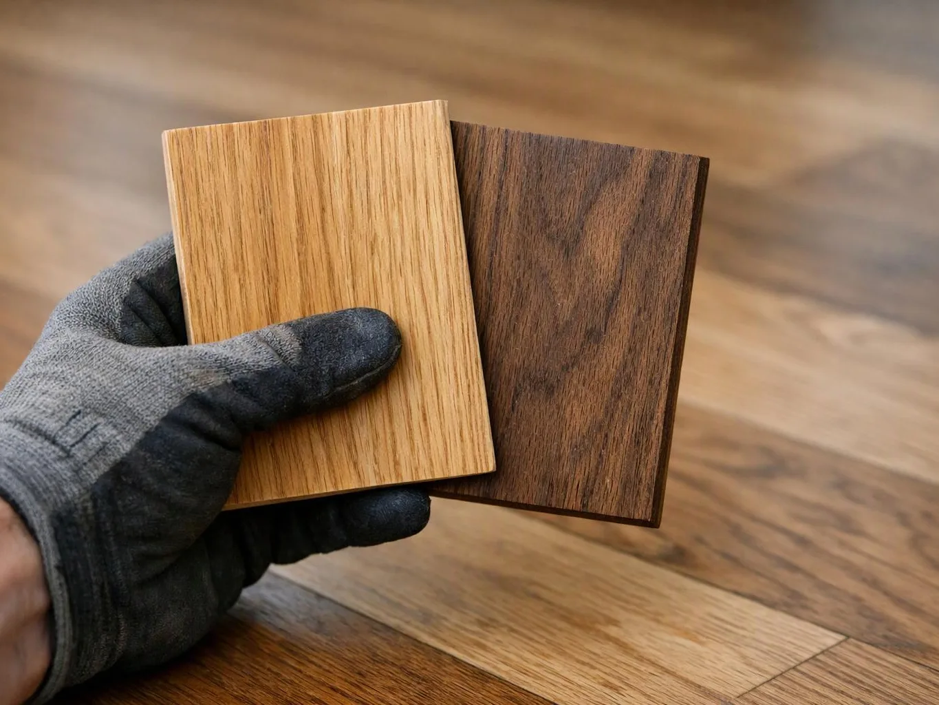 A gloved hand holds two wood sample boards over a wood floor background