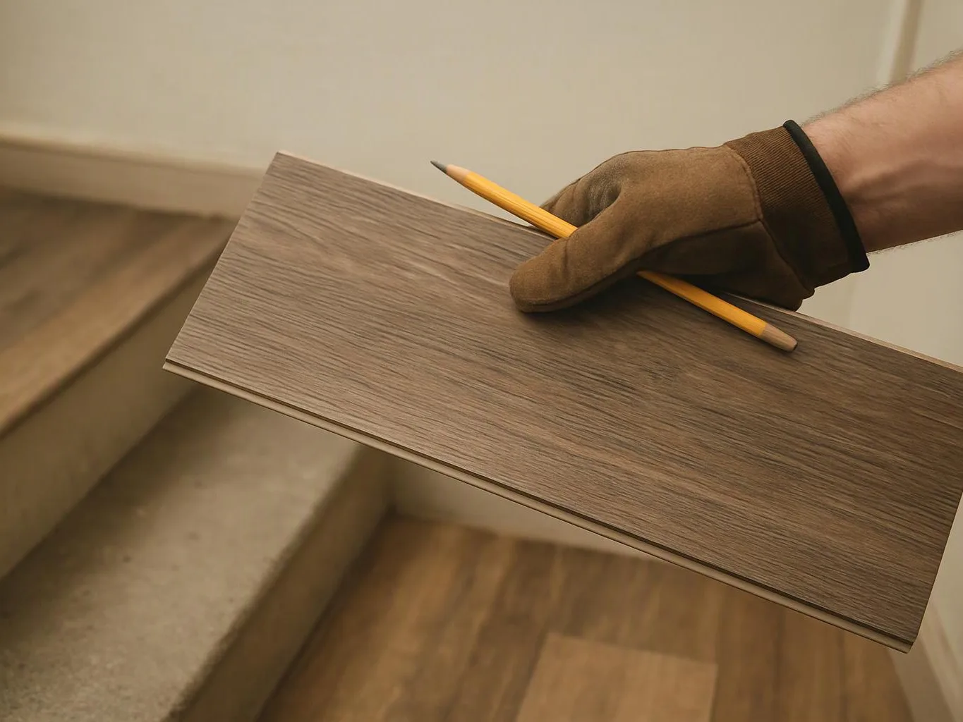 A gloved hand holds a wood floor plank with a pencil beside it on stairs