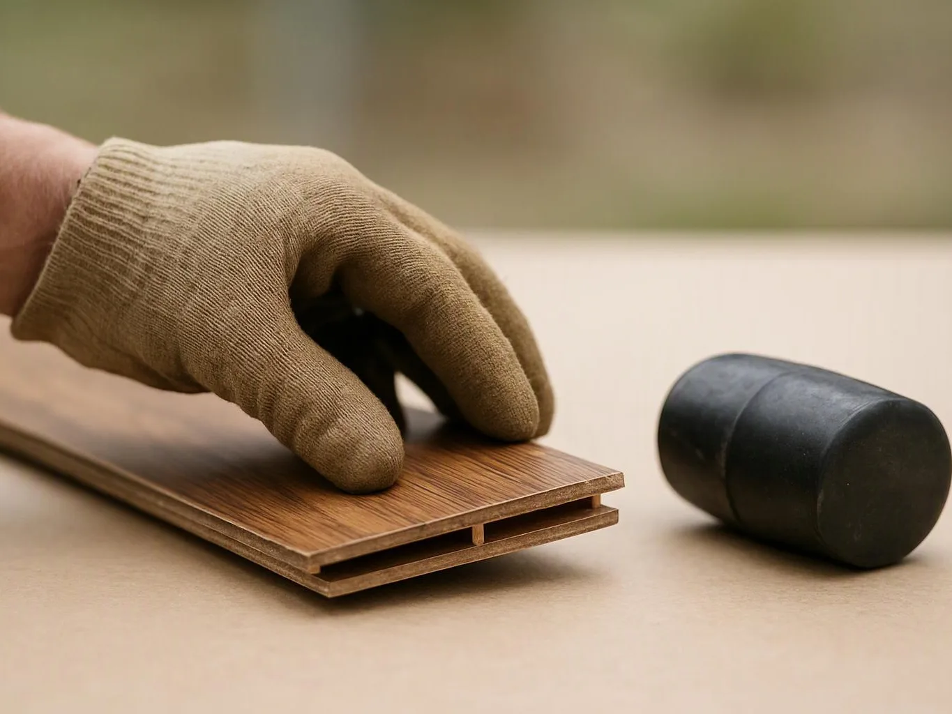A gloved hand holds a wood plank beside a black cylindrical tool on a work surface