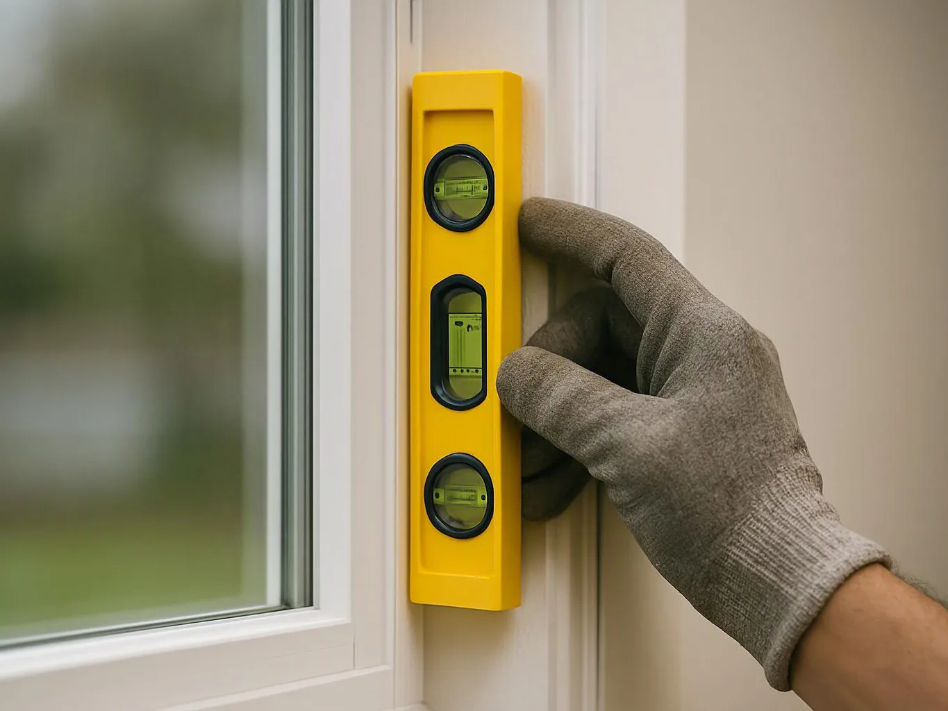 A gloved hand holds a yellow level against a white window frame indoors