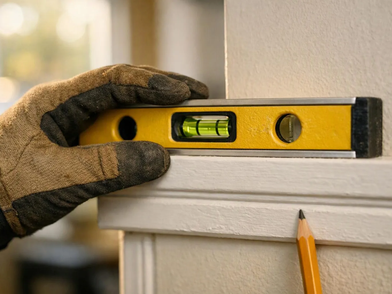 A gloved hand holds a yellow level on white trim while a pencil marks the wall below