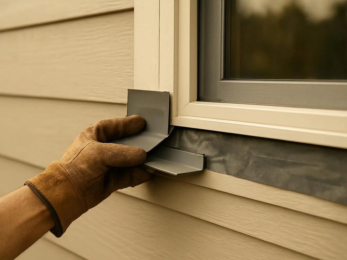 A gloved hand installs a metal flashing strip around a window on beige siding