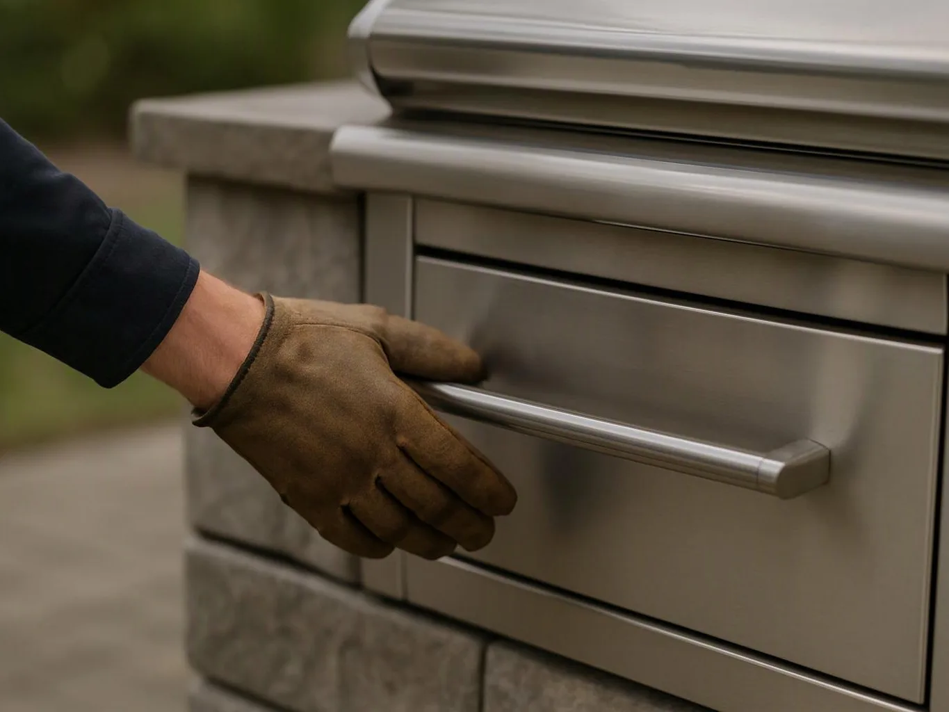 A gloved hand opens a stainless steel drawer on an outdoor grill cabinet