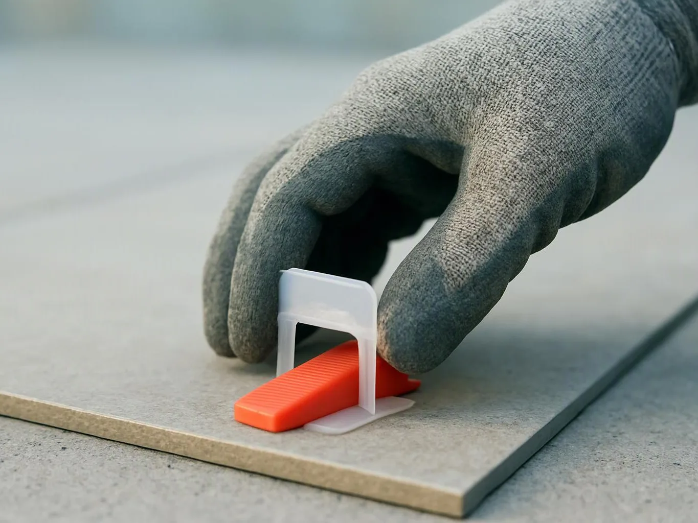 A gloved hand positions an orange tile spacer on a gray floor tile near the edge