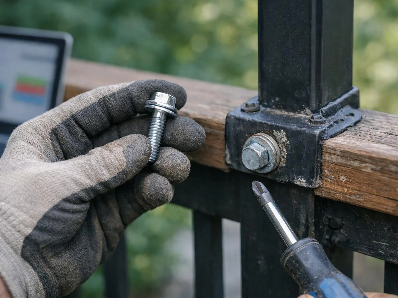Gloved hands hold a bolt and screwdriver beside a metal fence post and wooden rail