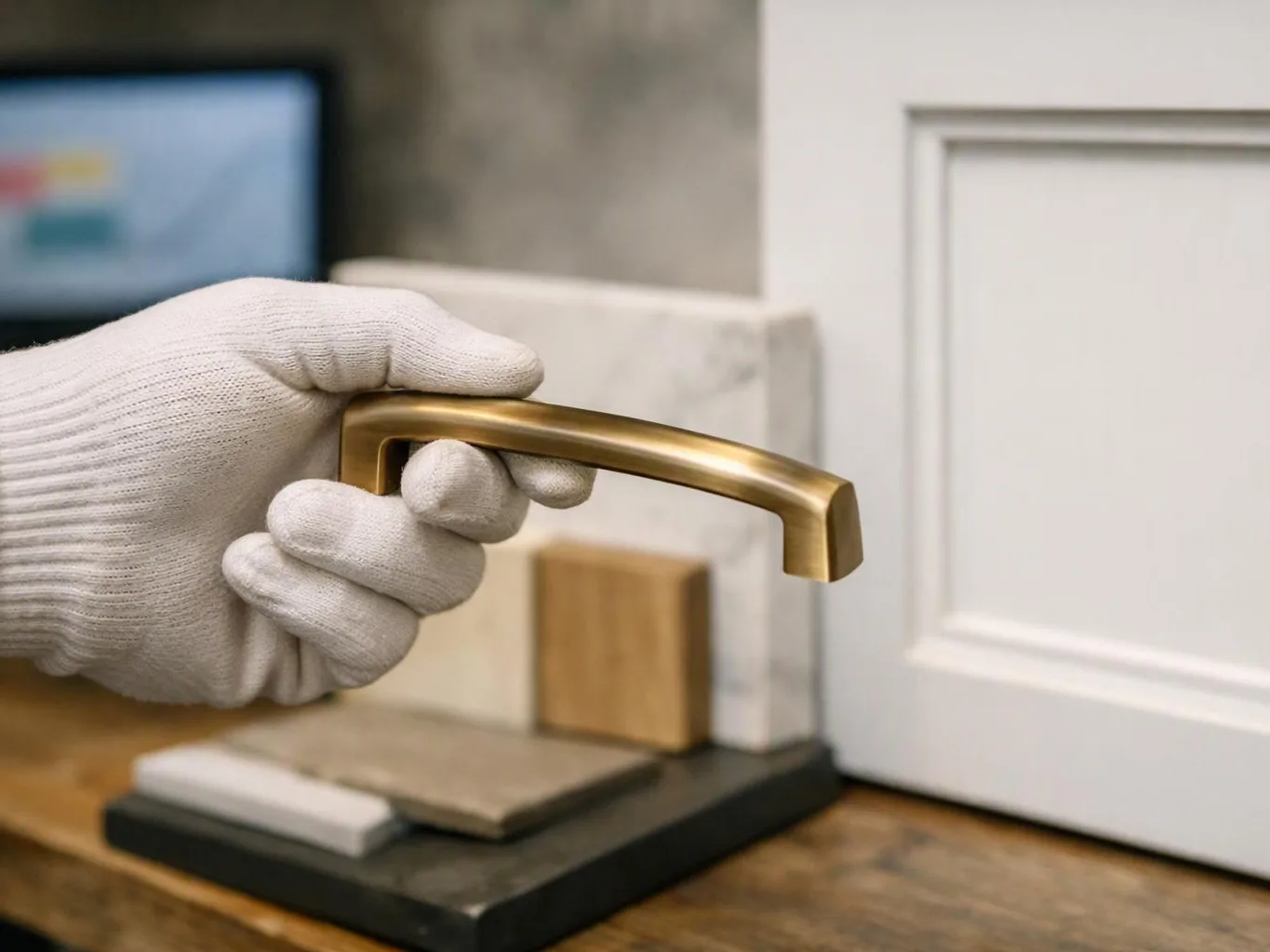 Gloved hands hold a brass cabinet handle beside white door panels and sample tiles on a wooden table
