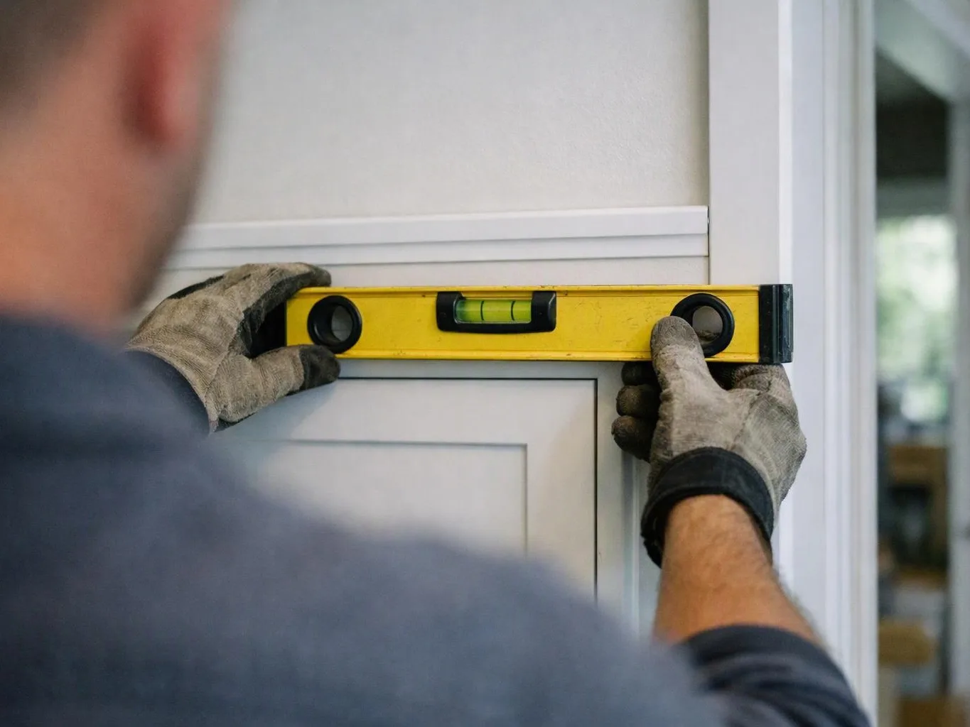 A gloved worker holds a yellow level against a white cabinet door in a bright room