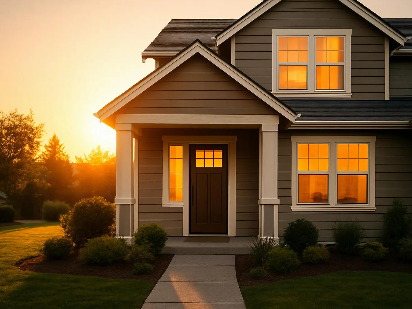 A gray two-story house glows at sunset, with lit windows, a front porch, and a walkway leading to the door