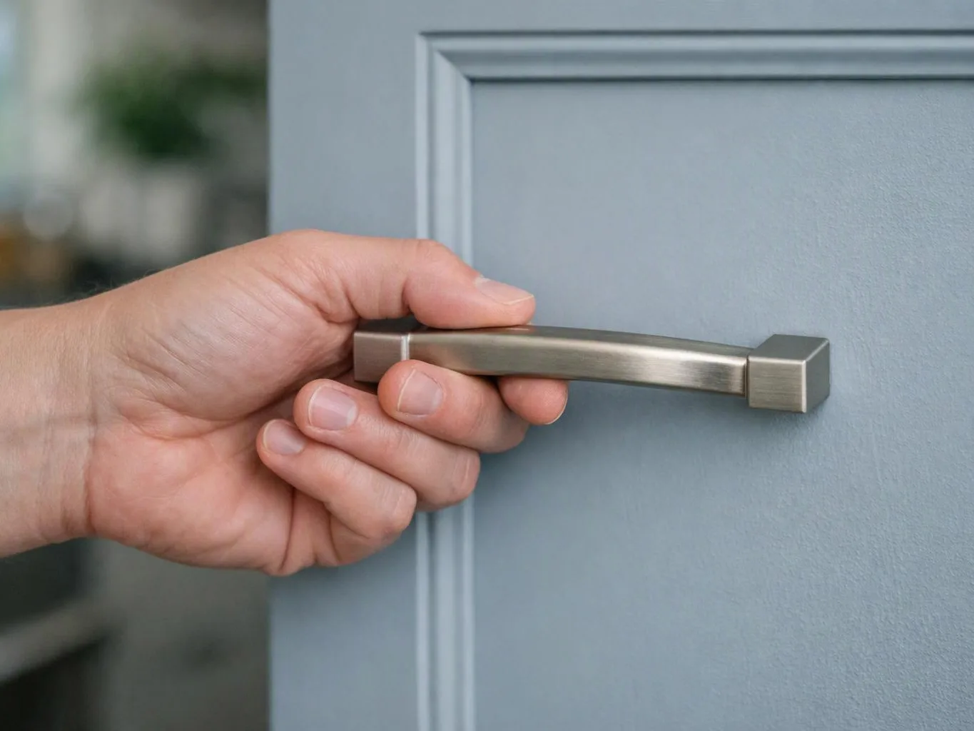 A hand grips a brushed metal cabinet pull on a light blue paneled door