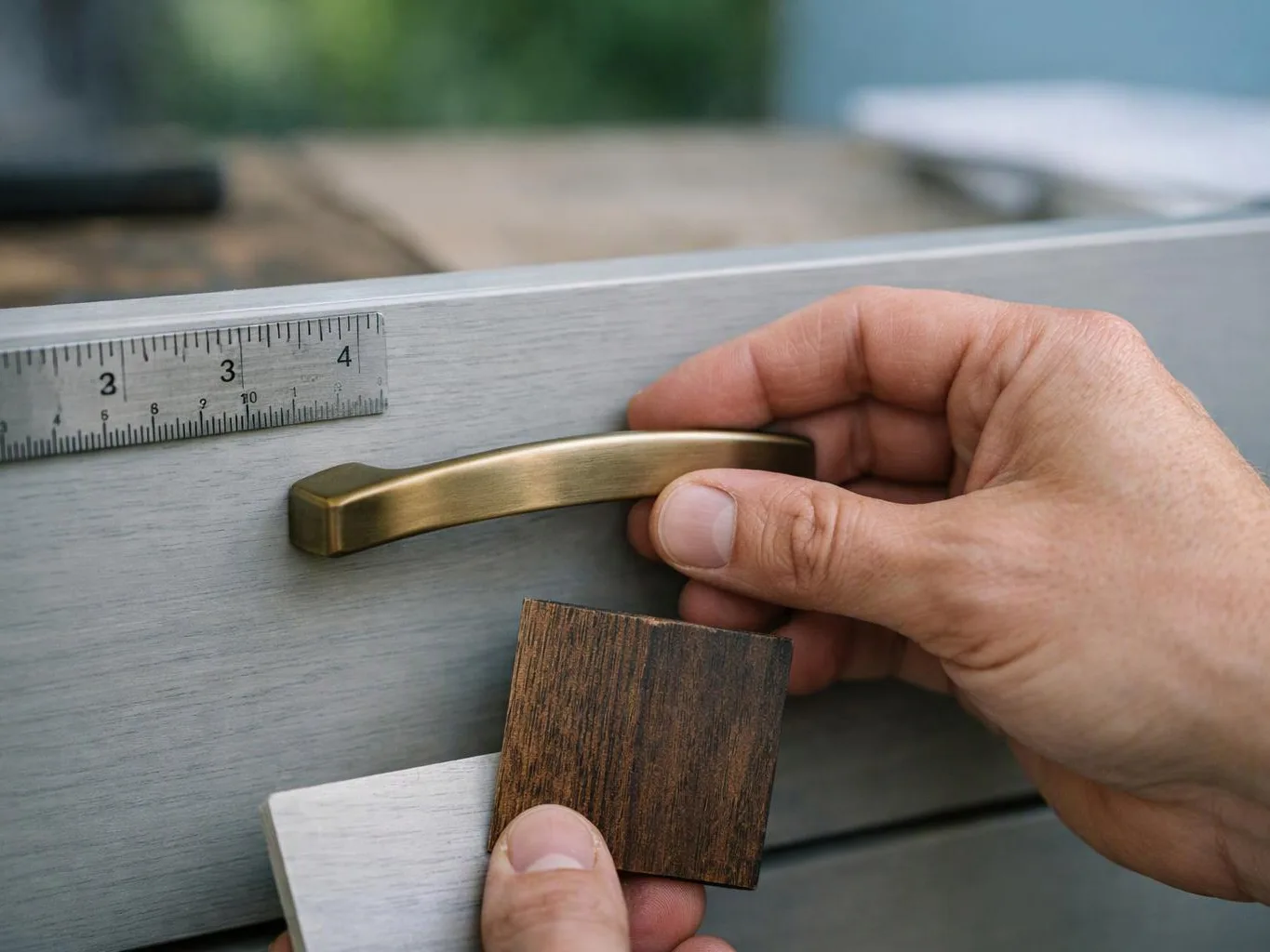 A hand holds a brass cabinet handle against a gray drawer, with wood finish samples and a ruler nearby