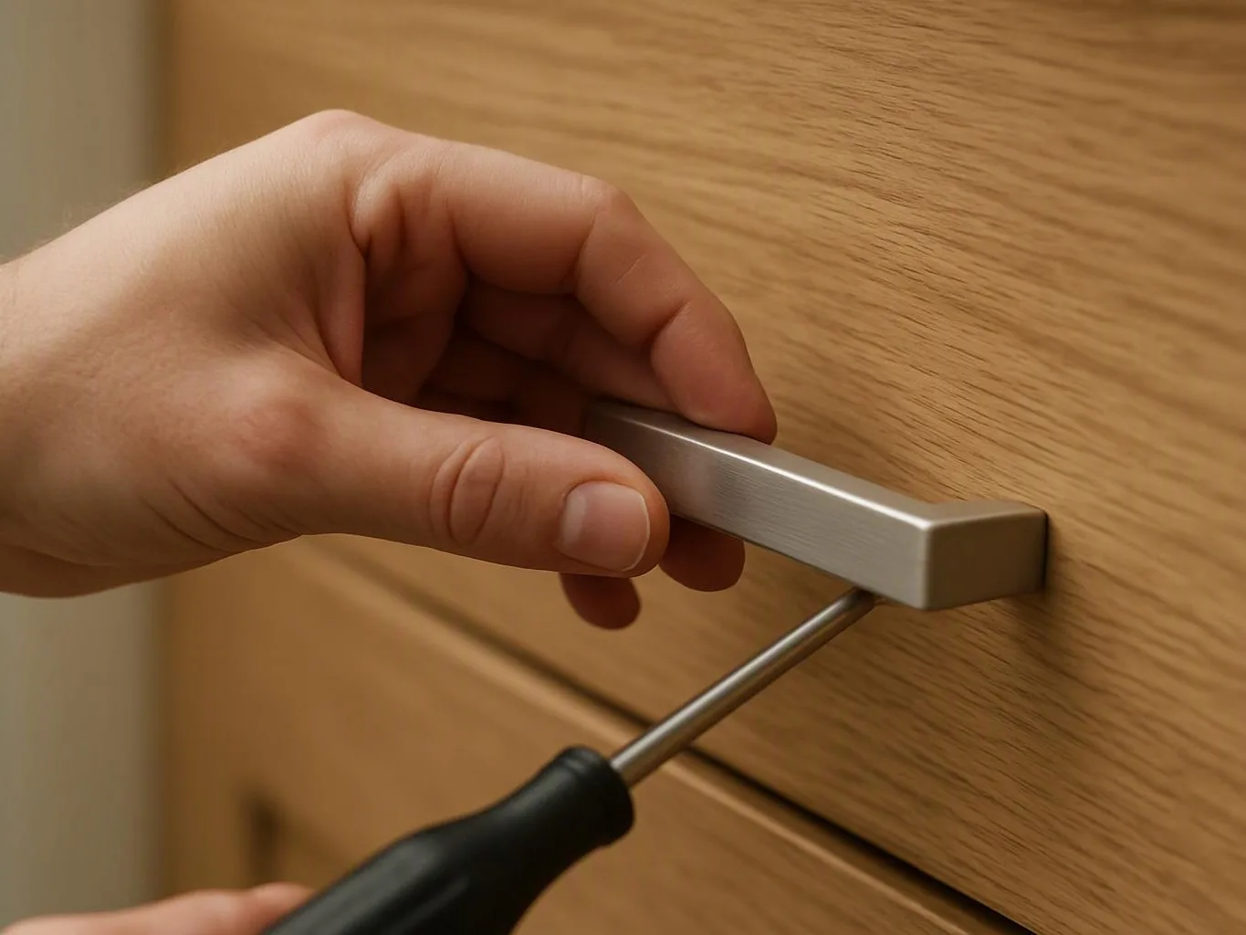 A hand holds a drawer handle while another hand uses a screwdriver on a wooden cabinet drawer
