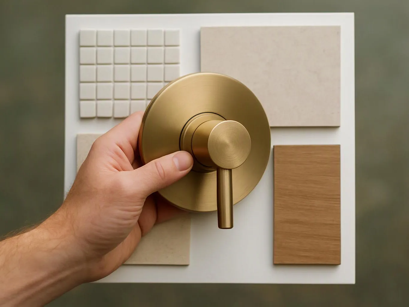 A hand holds a gold shower control against a board of tile and wood samples