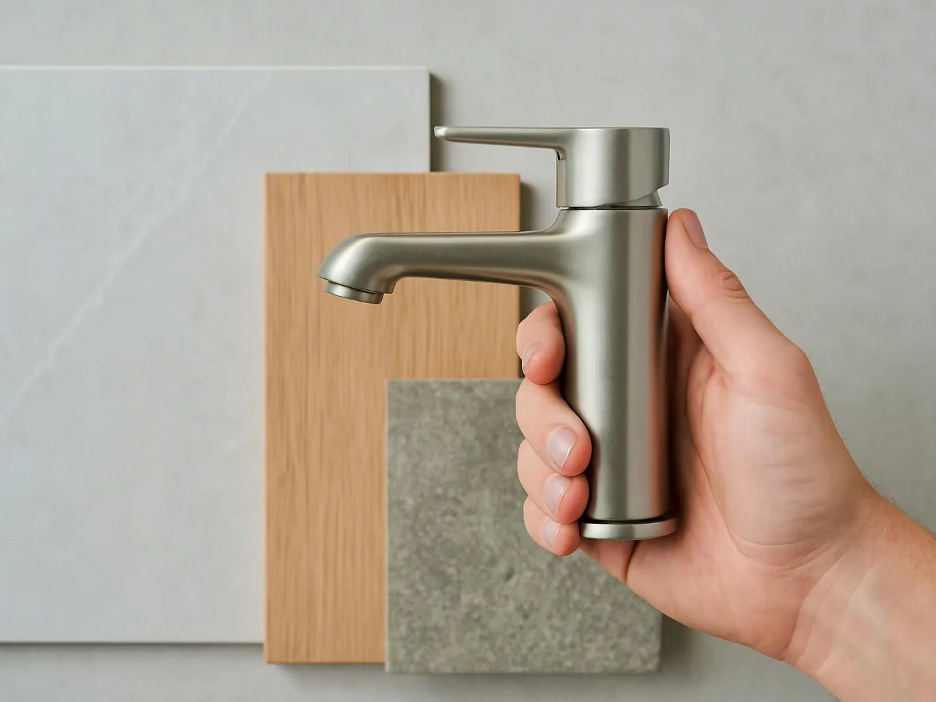 A hand holds a silver faucet in front of sample tiles on a gray surface