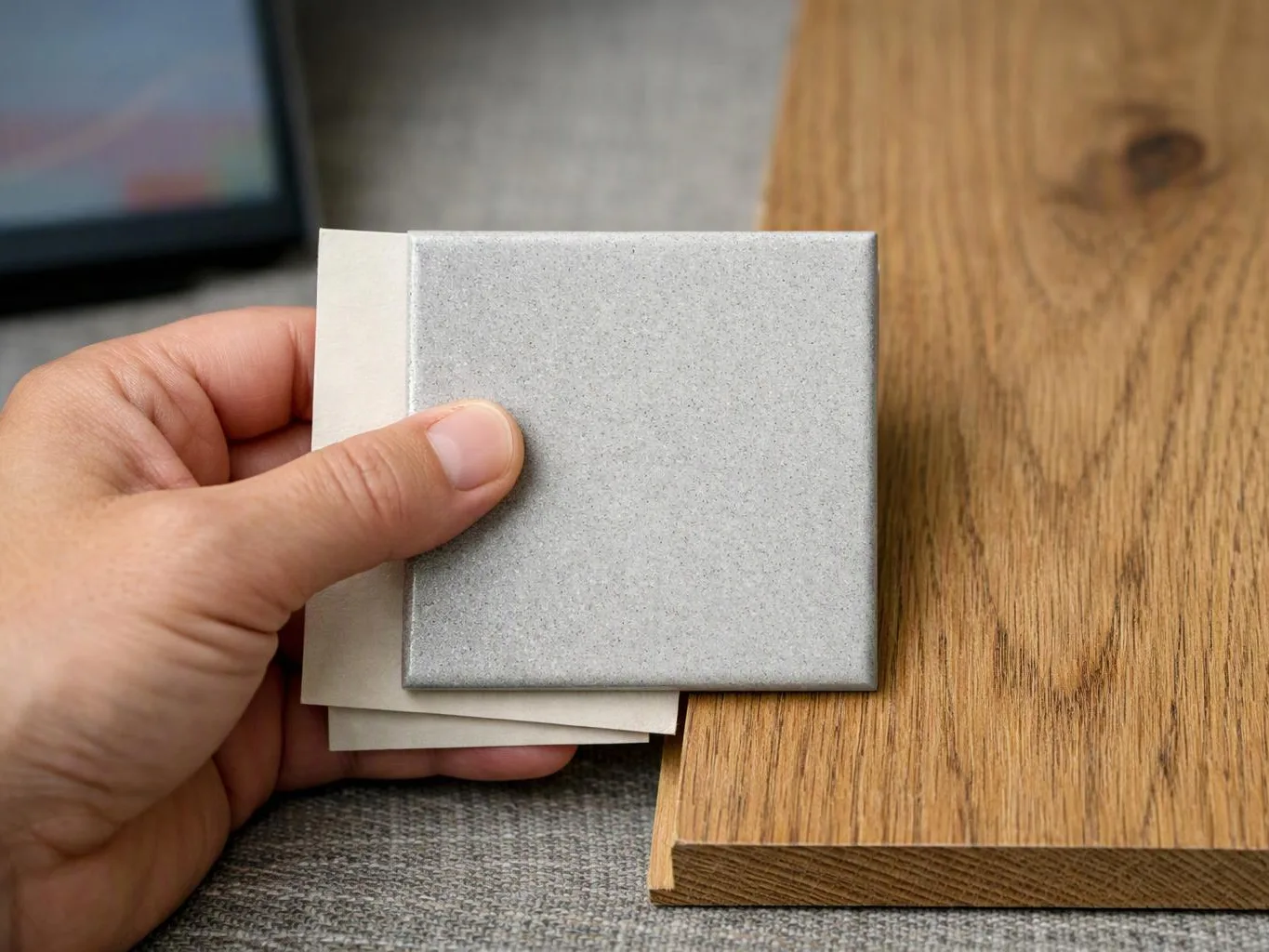 A hand holds small gray and white square samples beside a wood grain board on a table