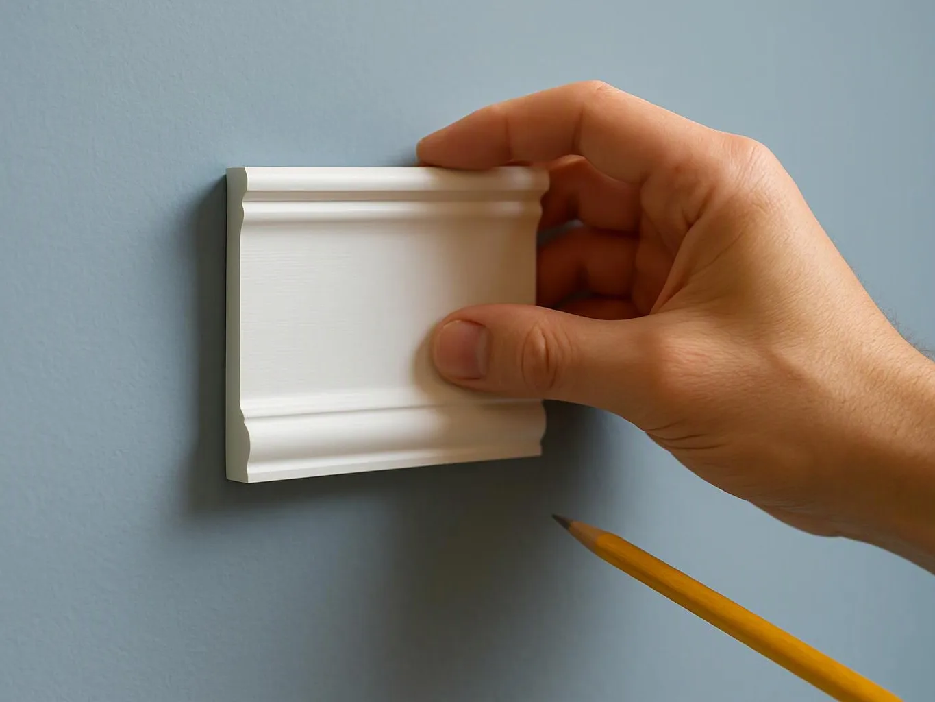 A hand holds a small white molding piece against a blue wall while a pencil marks below it