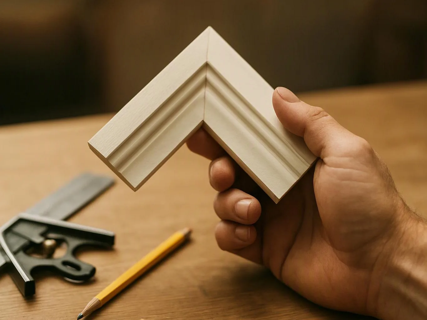 A hand holds a white corner molding piece above a wooden workbench with a square and pencil nearby