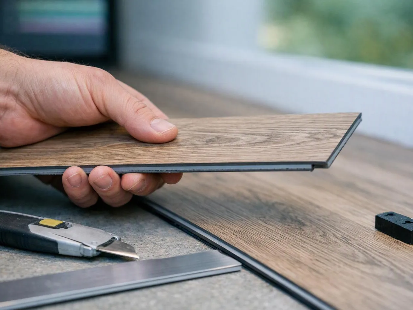 A hand holds a wood-look flooring plank above tools and another plank on a work surface
