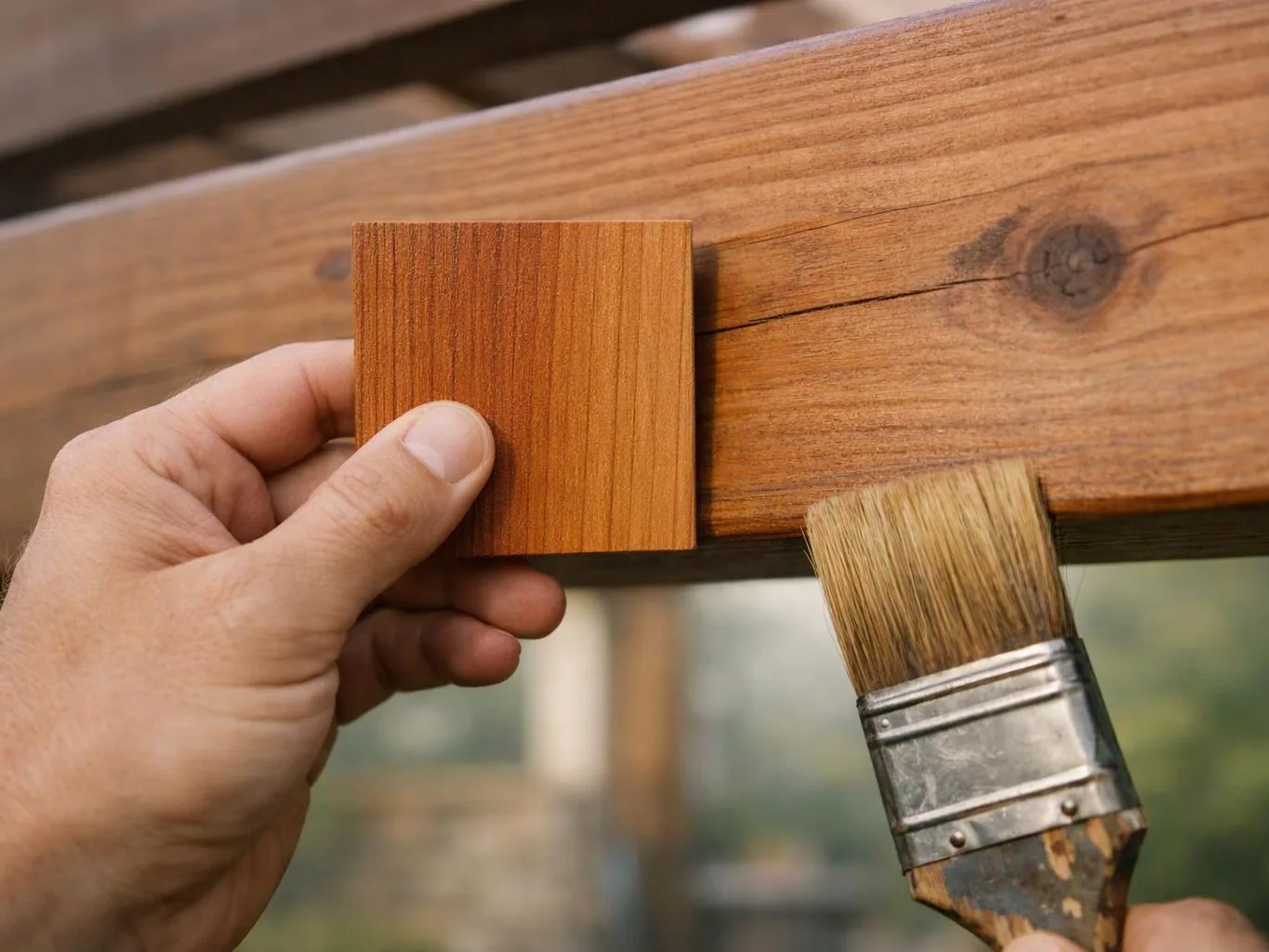 A hand holds a wood sample against a stained plank while a brush applies finish underneath