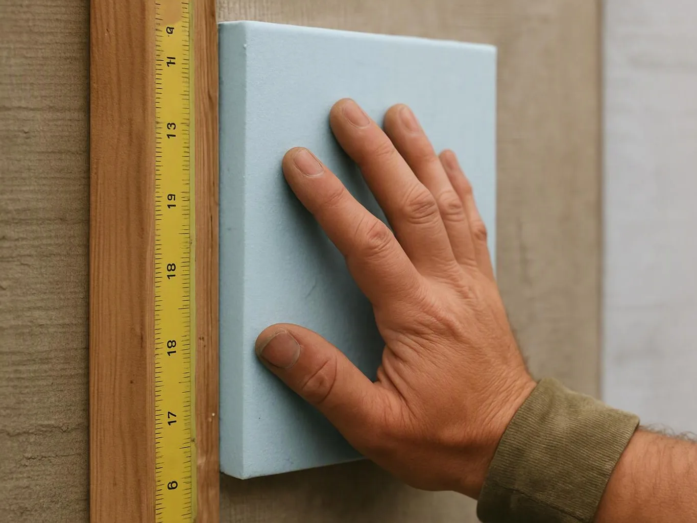 A hand presses a light blue foam board against a wooden wall beside a yellow measuring tape