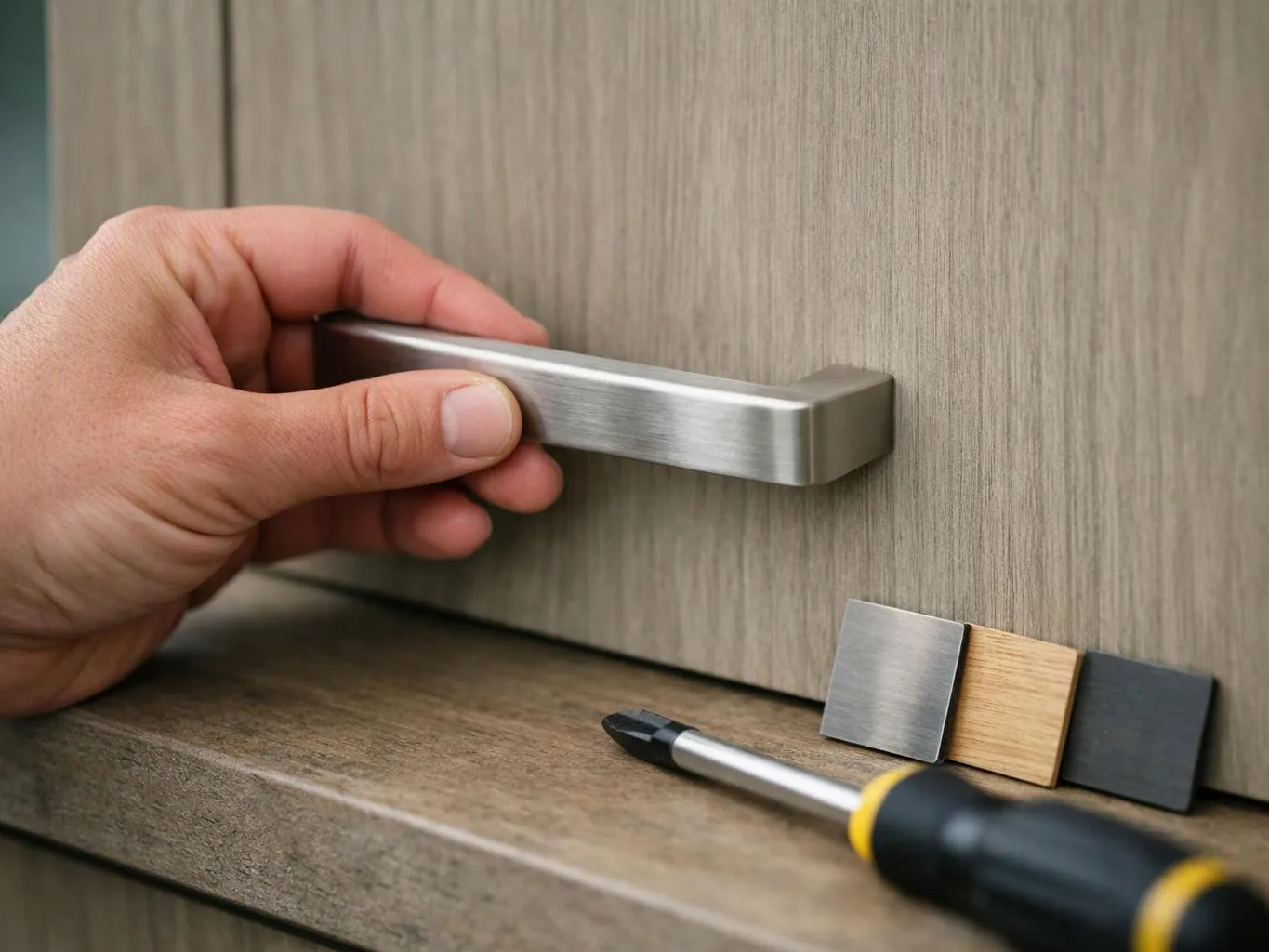A hand pulls a brushed metal cabinet handle beside a screwdriver and three sample blocks on a wood shelf
