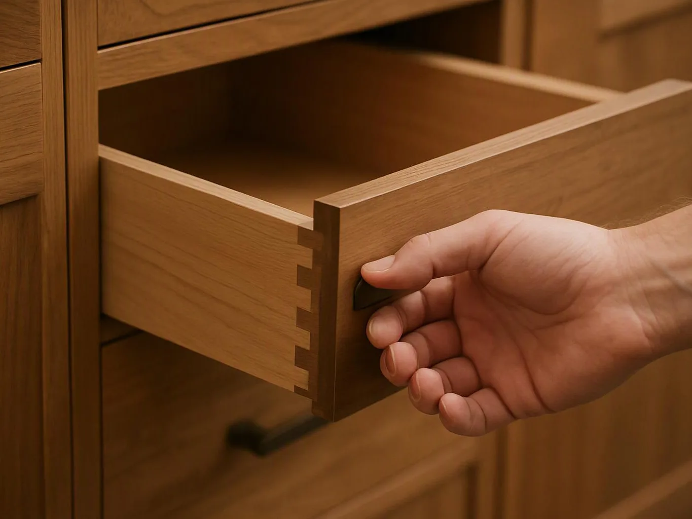 A hand pulls open an empty wooden drawer in a cabinet
