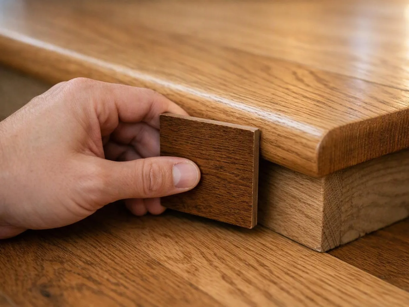 A hand slides a wooden sample against a matching tabletop edge on a wood surface