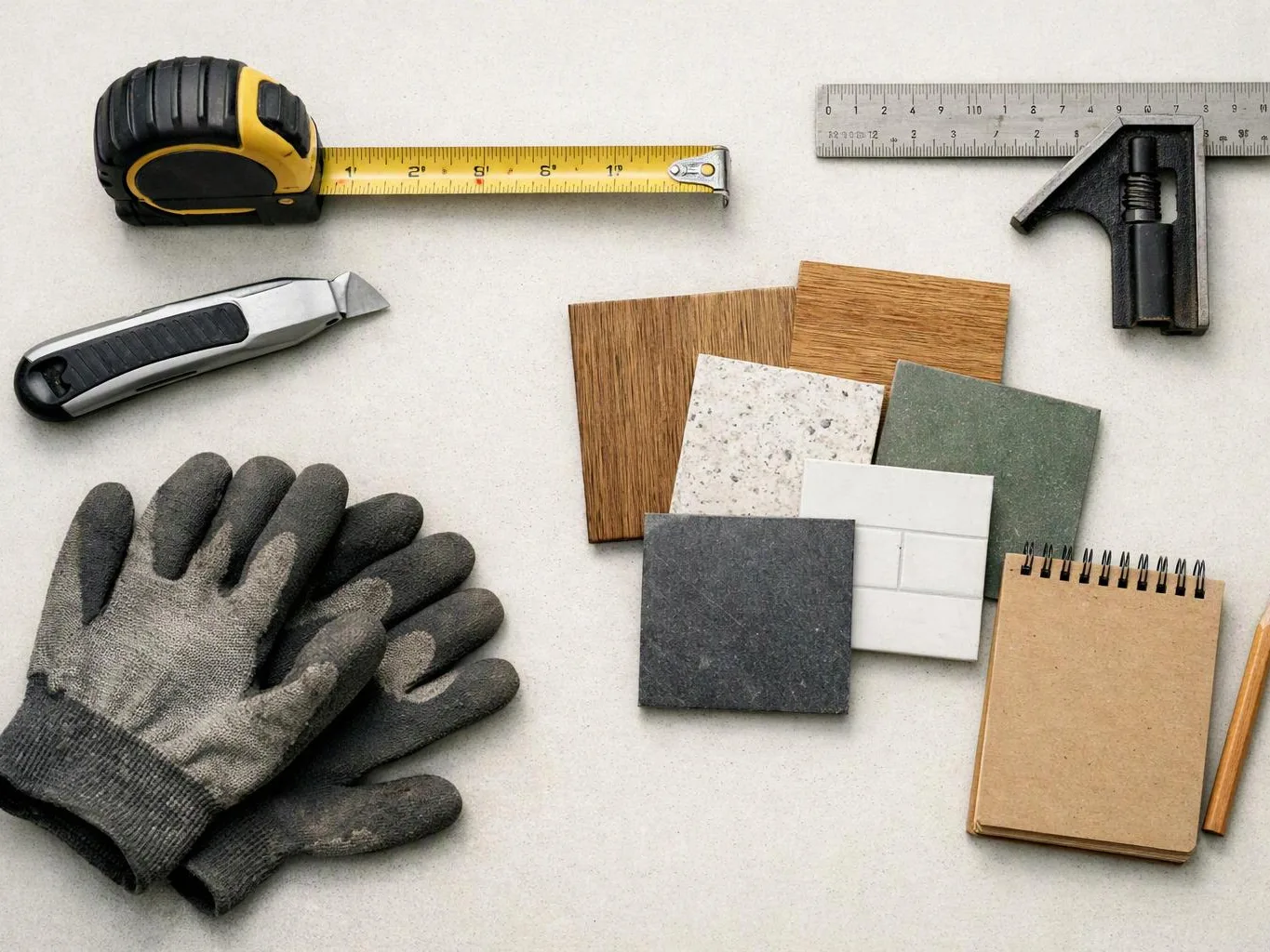 Hand tools, gloves, and material samples are laid out on a light work surface
