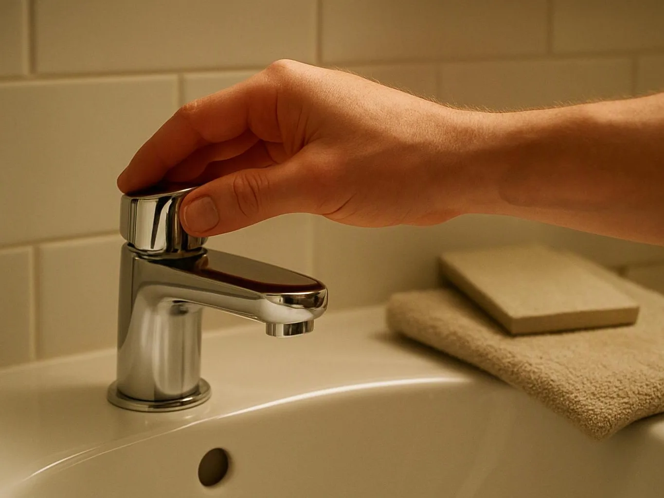 A hand turns a chrome faucet handle above a bathroom sink with folded towels nearby
