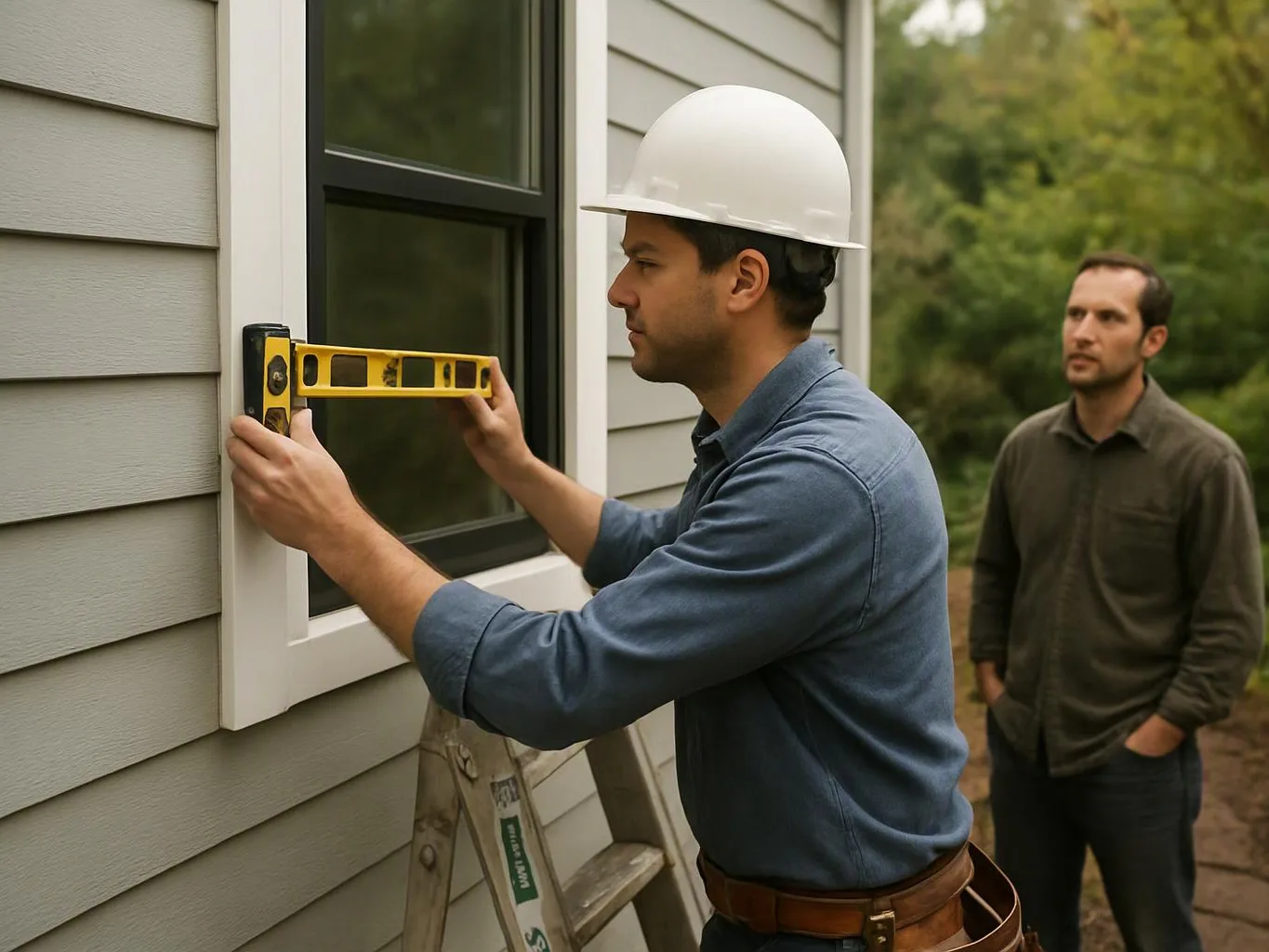 A hard-hat worker levels a window frame on a house exterior while another man watches nearby