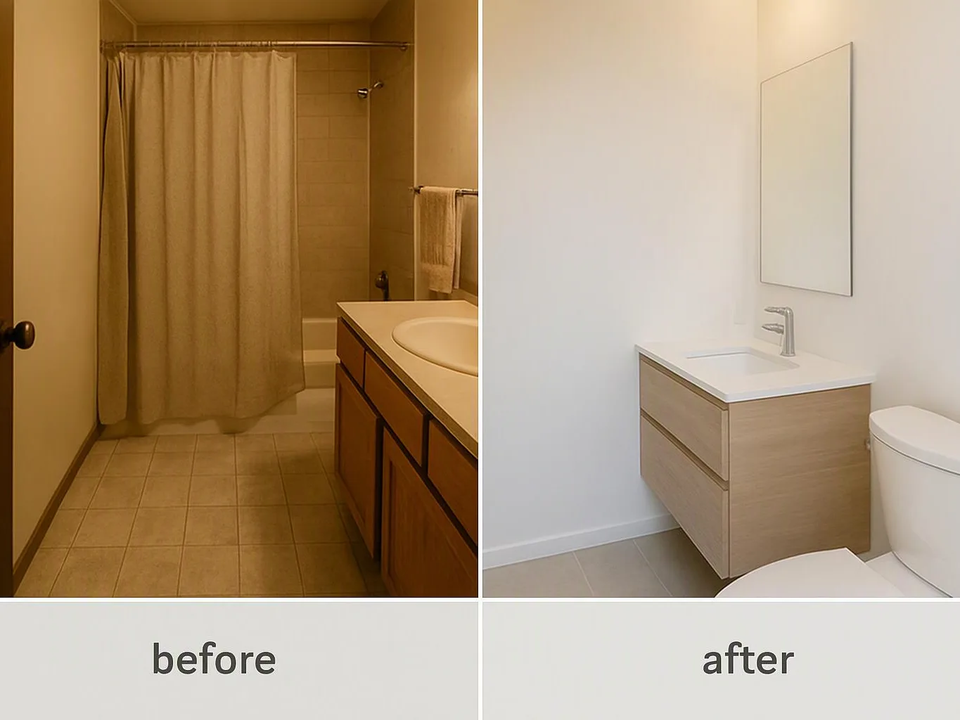 Side by side bathroom photos show an older tan room and a brighter modern vanity with toilet, labeled before and after