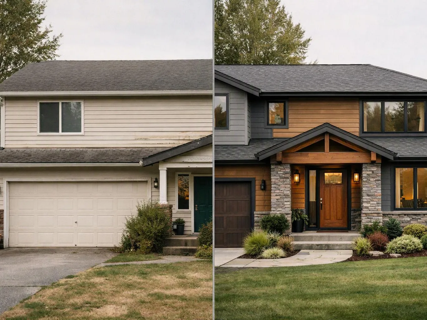 A split-screen shows a plain beige house before and a remodeled gray-and-wood house with a landscaped front yard after