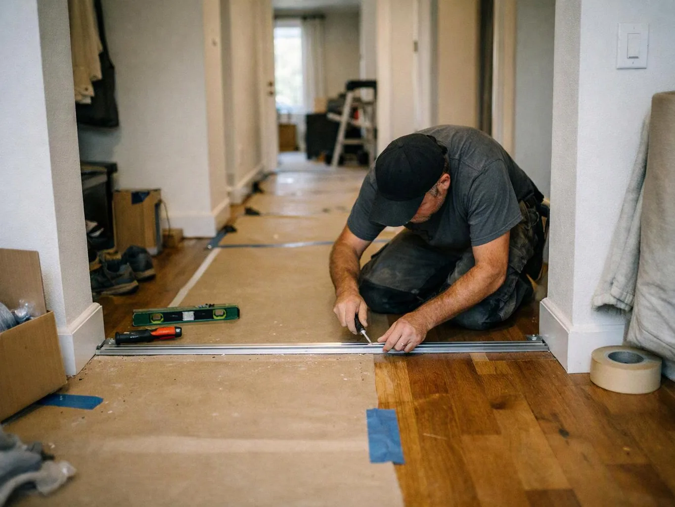 A kneeling worker installs a floor transition strip in a hallway with tools and masking tape nearby