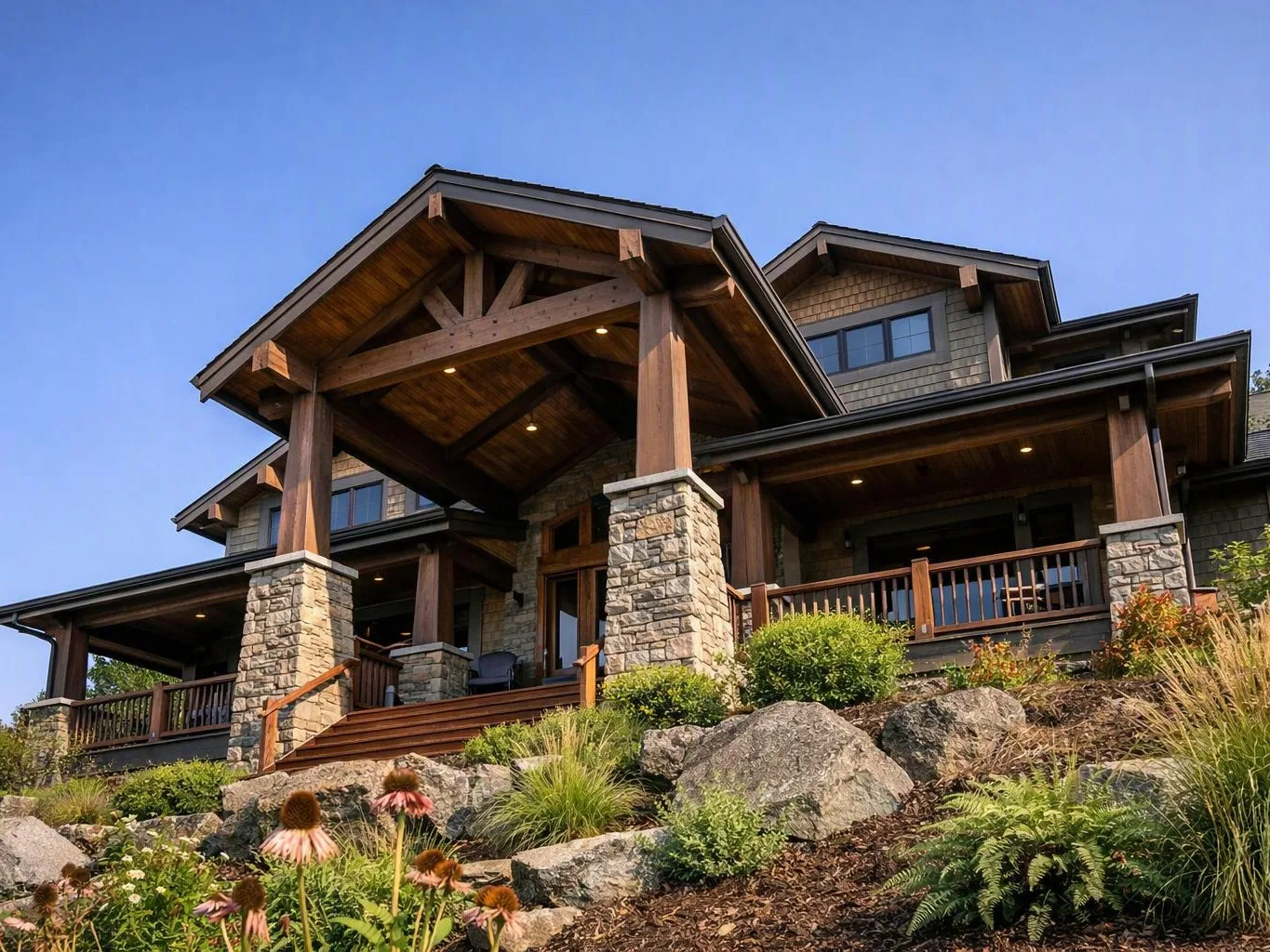 A large stone-and-wood house with a covered porch sits above a landscaped rocky slope under a clear blue sky