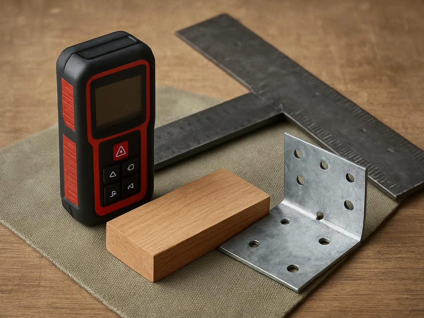 A laser distance meter sits beside a metal angle bracket, a wood block, and a black carpenter’s square on a tabletop