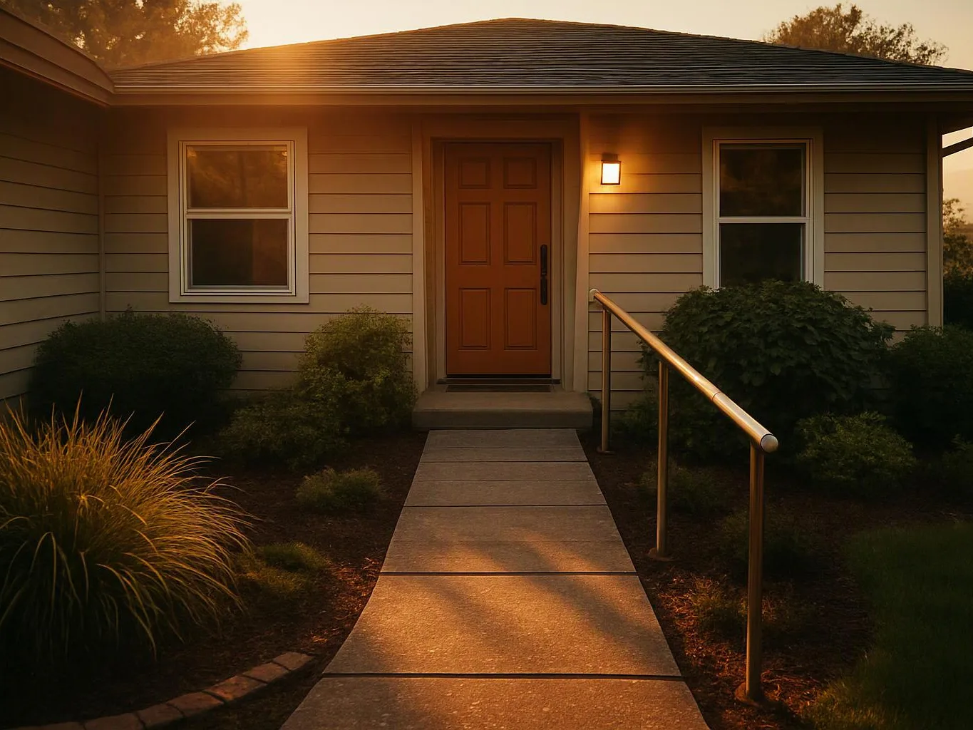 A lit front door faces a concrete path, with windows, shrubs, and a metal handrail outside a house