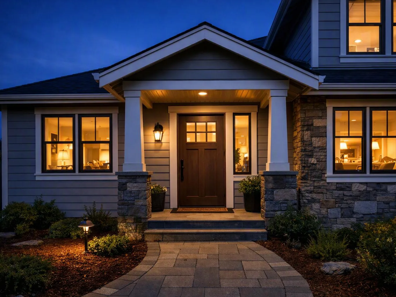 A lit house front shows a wooden door, stone columns, warm windows, and a curved stone walkway at dusk