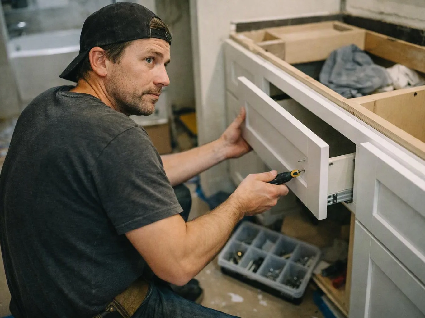 A man in a backward cap installs a drawer front on a white cabinet with a screwdriver in a workshop