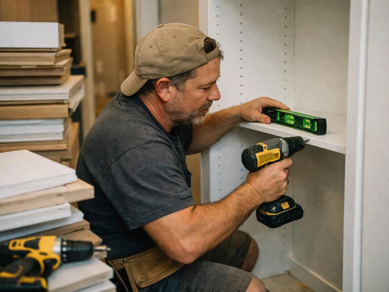 A man in a backwards cap uses a drill to install a white shelf in a workshop cluttered with wood pieces