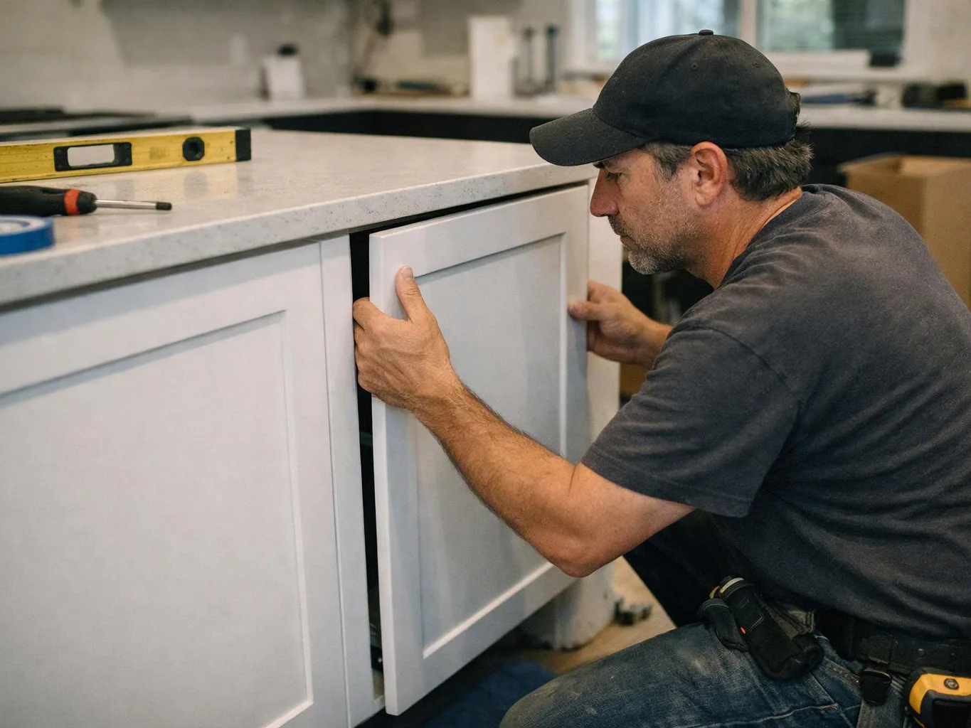 A man in a black cap adjusts a white cabinet door beside a countertop in a kitchen under construction