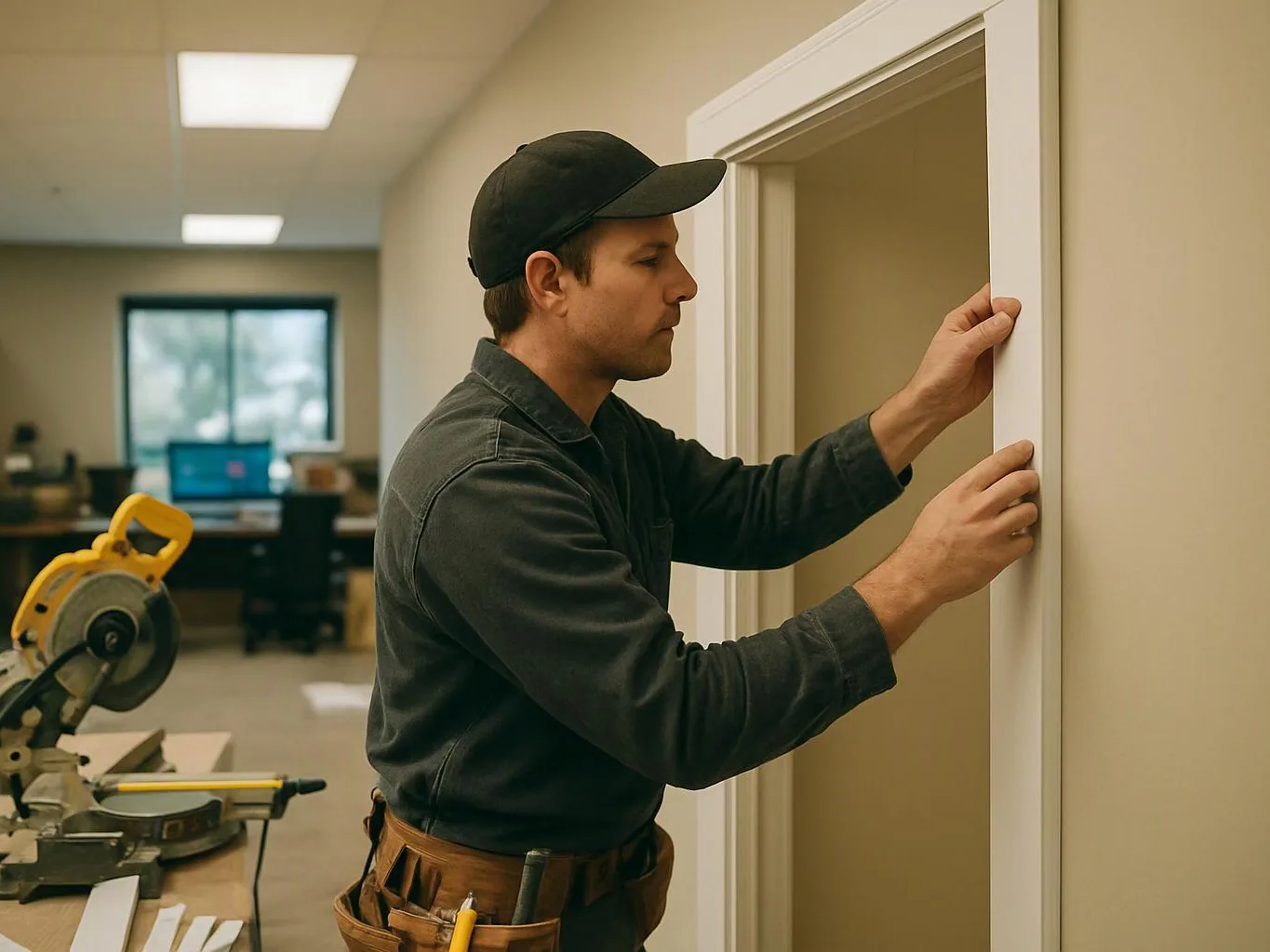 A man in a cap adjusts a white door frame inside an office workspace