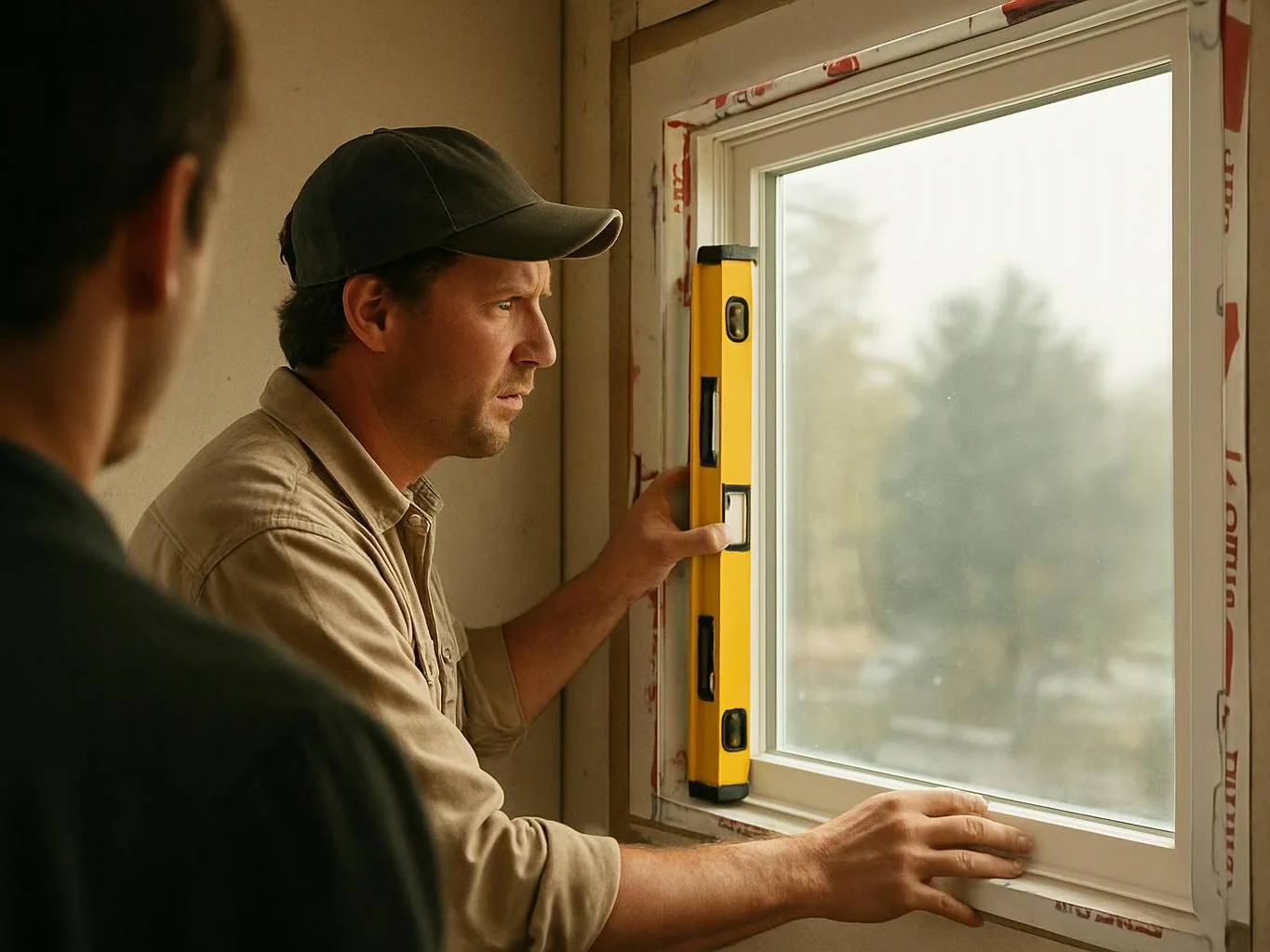 A man in a cap checks a window frame with a yellow level while another person watches nearby