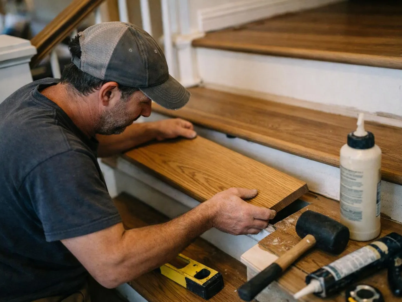 A man in a cap fits a wooden stair tread while tools and adhesive sit on the steps